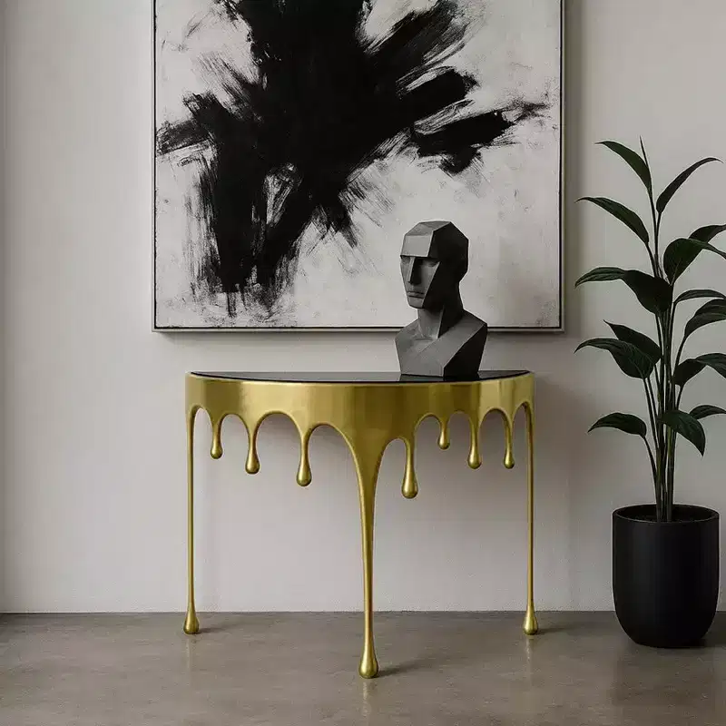 Royal Hampton Sofa Console Table | 36.25 Half Moon Glass Top | Melting Drip Design | Aluminum Cast