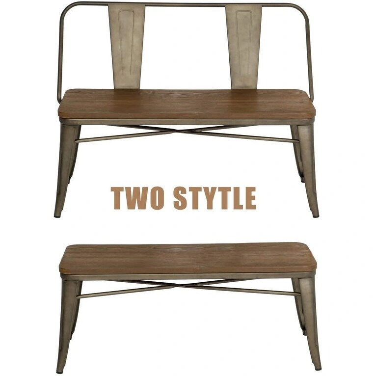 Dining Bench, Entryway Bench with Back, Farmhouse Metal Dining Bench, Industrial Mid-Century 3 Person Bench, Wood Seat