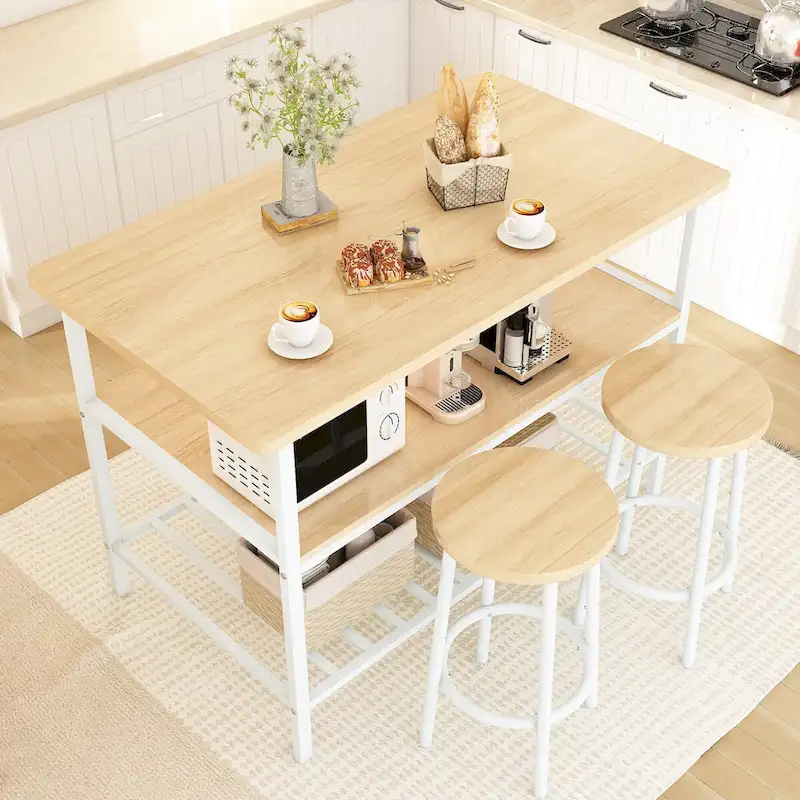 Mieres Kitchen Island with 2 Stools and Open Shelves