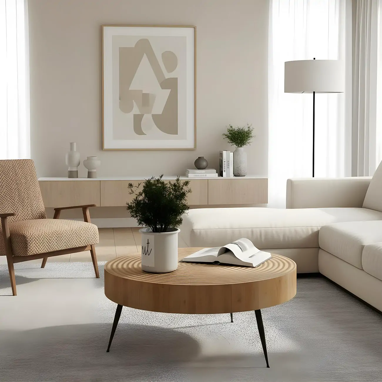 4 Legs Scandinavian Round Coffee Table with Wood Texture