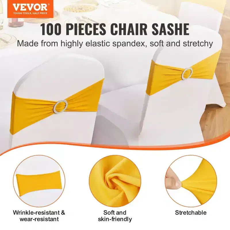VIYET 100PCS Golden Yellow Stretch Spandex Chair Sashes with Round Buckle, Elastic Chair Bands for Wedding/Banquet/Party Decoration