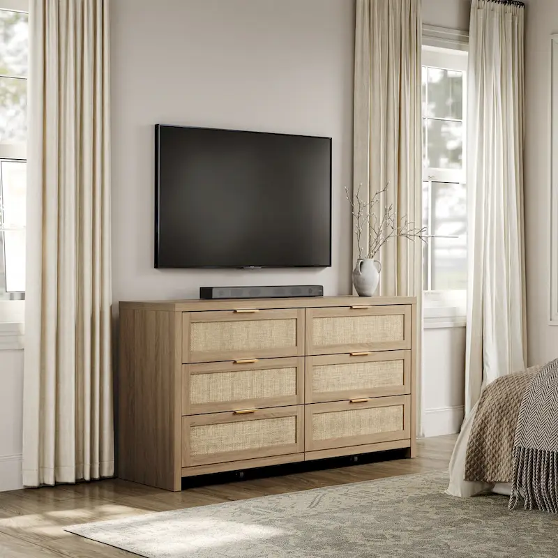 Set of 2 Elegant Right Angled Dresser with 6 Rattan Woven Drawers