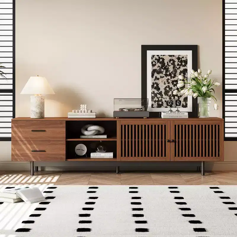 GDFStudio 78 Modern Wood TV Stand with 2 Slatted Door, 2 Deep Drawers and Cable Management