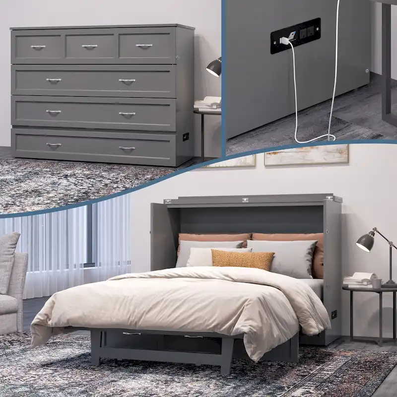 Full Murphy Bed Chest with Mattress in Grey