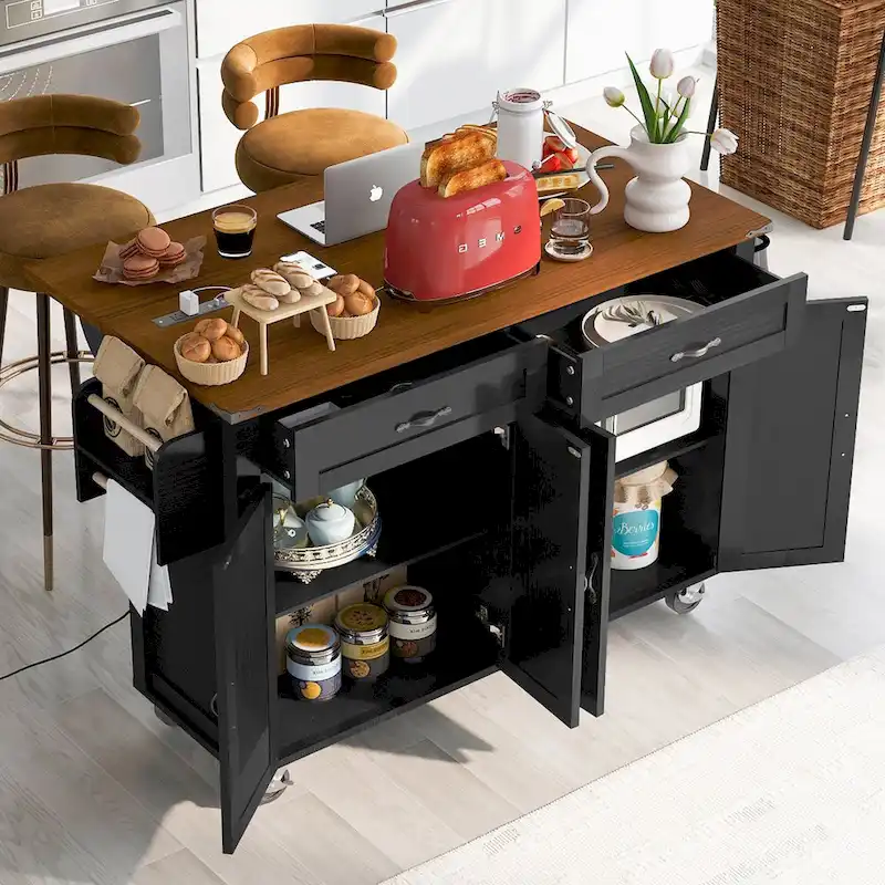 53.5 Farmhouse Kitchen Island Cart with Power Outlet, Drop Leaf, Spice Rack, and 2 Drawers, 5 Wheels