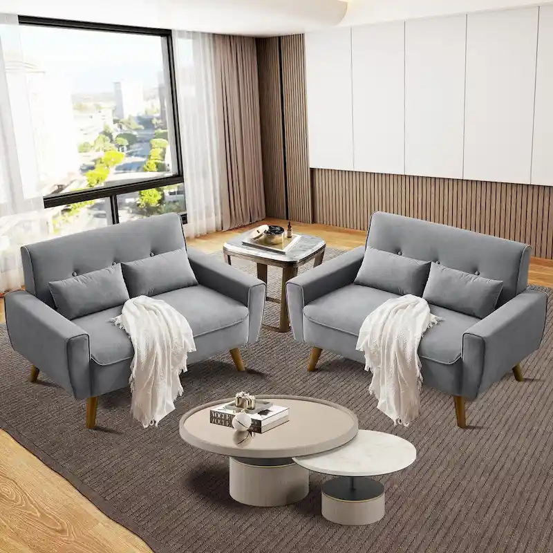 48.82 Small Tufted Loveseat Sofa 2 Set with Tapered Wood Legs