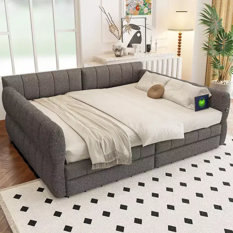 Whisen King Size Upholstered Platform Bed with USB and 2 Drawers
