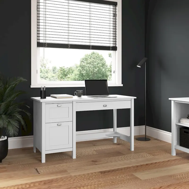 Pure White Computer Desk with Drawers, 1-Person