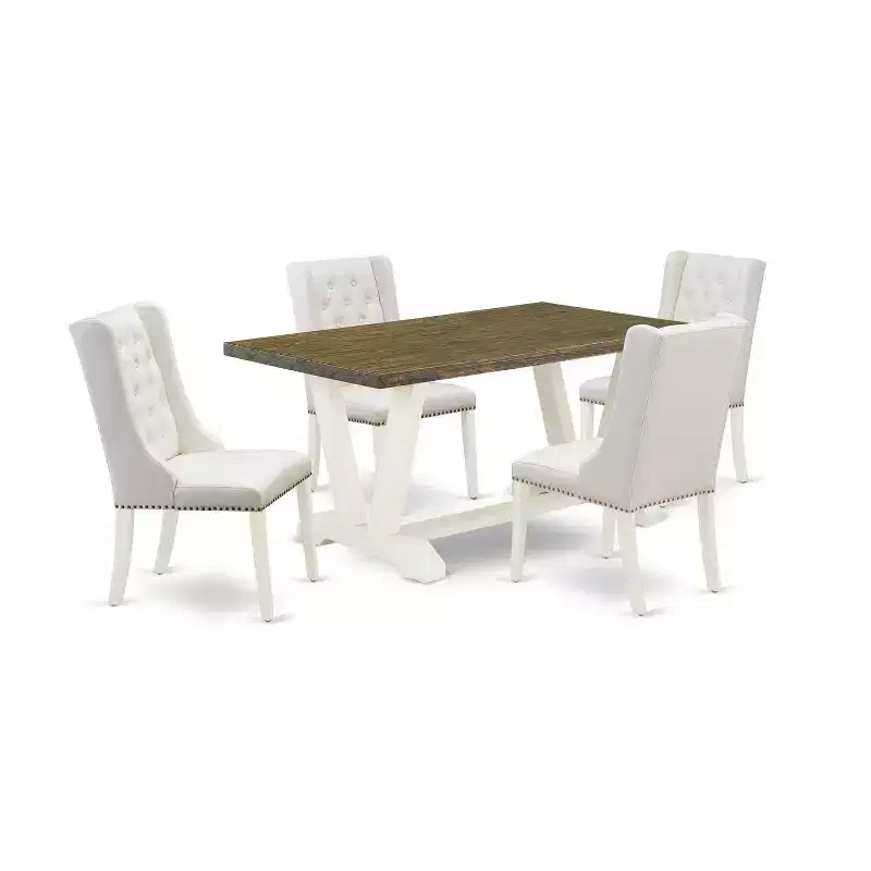 HomeStock 5-Piece Natural Oak Finish Solid Wood Top Dining Table with 4 Upholstered Chairs