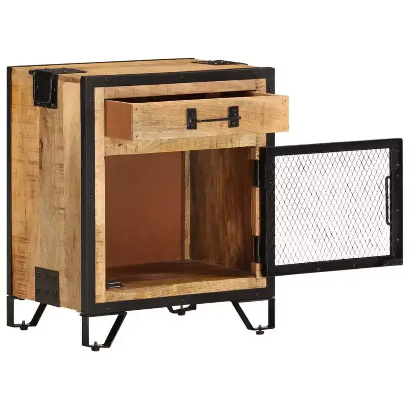 vidaXL Bedside Cabinet 16.9x11.8x20.1 Solid Rough Mango Wood - Durable, Industrial Style, Bedroom Nightstand, Brown & Black, Ample Storage