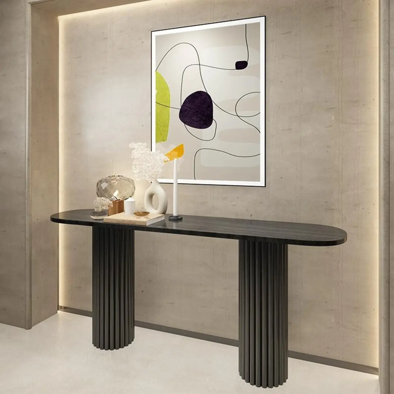 Natural Oval Wooden Double Pedestal Console Table