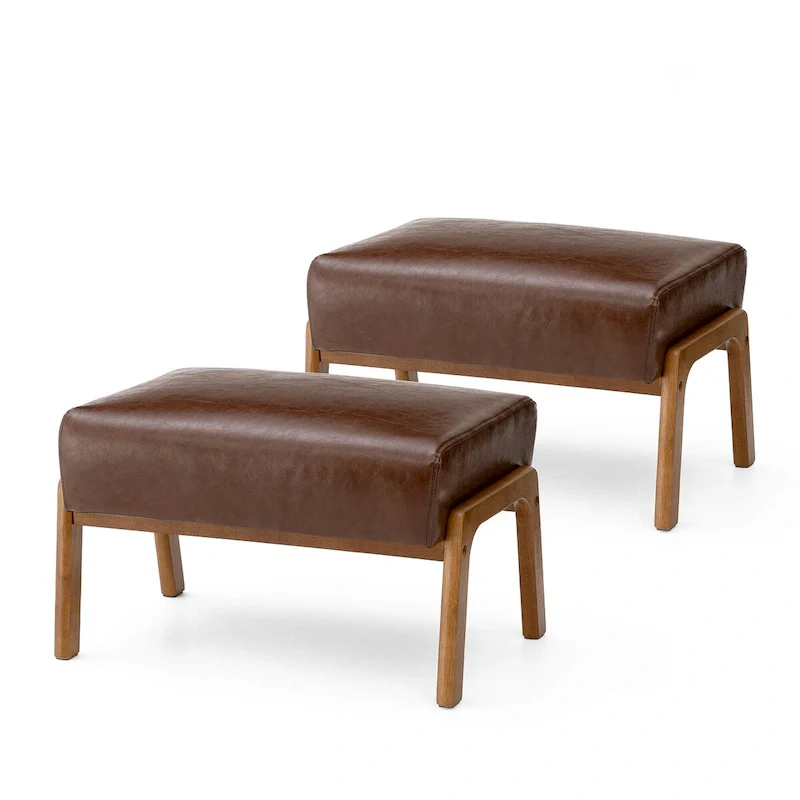 Brown Mid-Century Faux Leather Ottoman Accent Stool, Set of 2