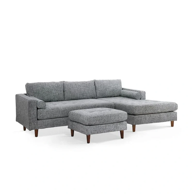 Ryle 104 Inch Sectional Sofa with Chaise and Ottoman, 2 Pillows, Gray Woven