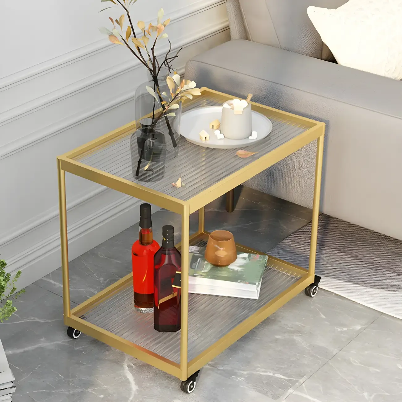 Gold Glass Rectangular Top Shelf Side Table on Wheels