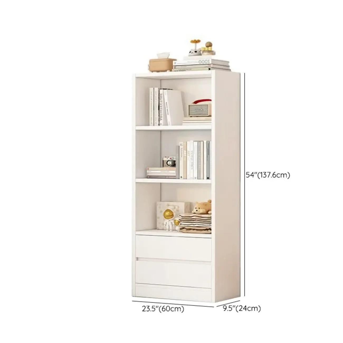 Simple Wooden White 3-Tier Bookcase with Drawers