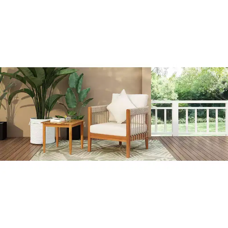 Okak Patio Accent Chairs with Handwoven Rope Frame,1 PCS,Upholstered Outdoor Armchair Acacia Club Chair for Backyard&Garden,400lbs Max