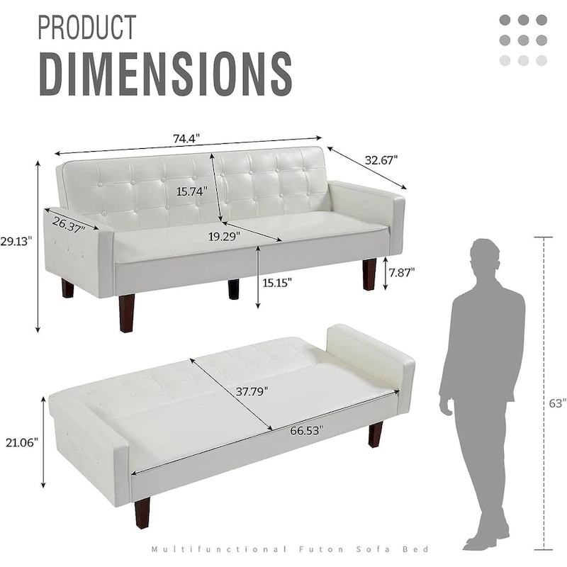 Faux Leather Futon Sofa Bed Sleeper Couch, Mid Century Button Tufted Upholstered Convertible Sofa Bed with Wooden Legs