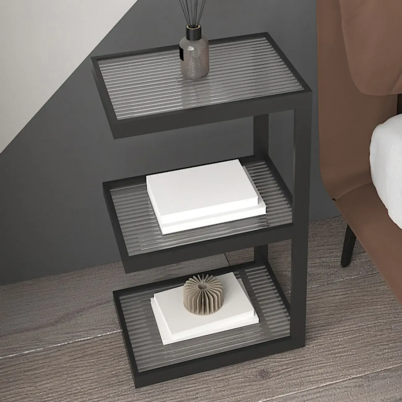 Extra Tall Simple Glass Top and Steel 3 Shelves Nightstand