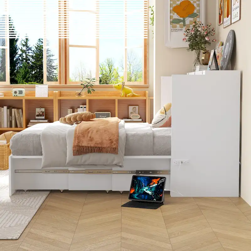 Modern Wood Full Murphy Bed Chest in White Finish Dresser 2-1 Cabinet