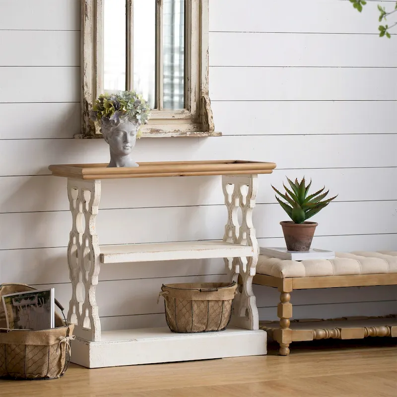 Antique White 3-Tier Console Table with Tray Top, 1-Person