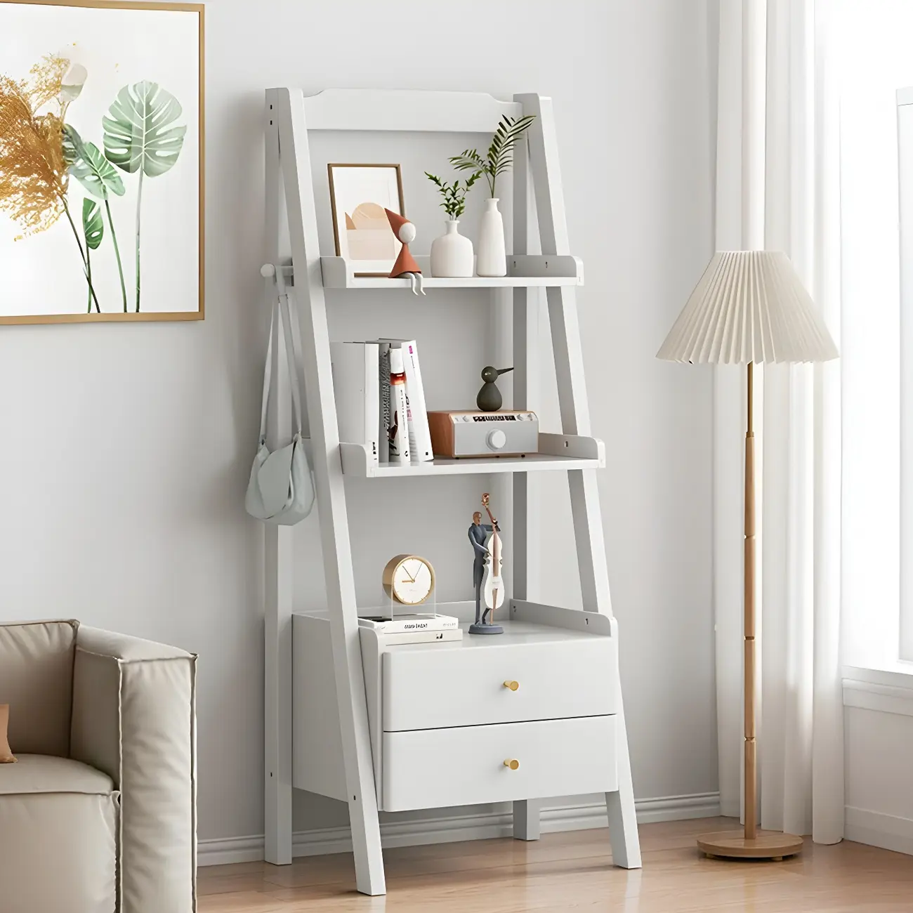 3-Tier Nut-Brown Wood Ladder Open Bookcase with Drawers