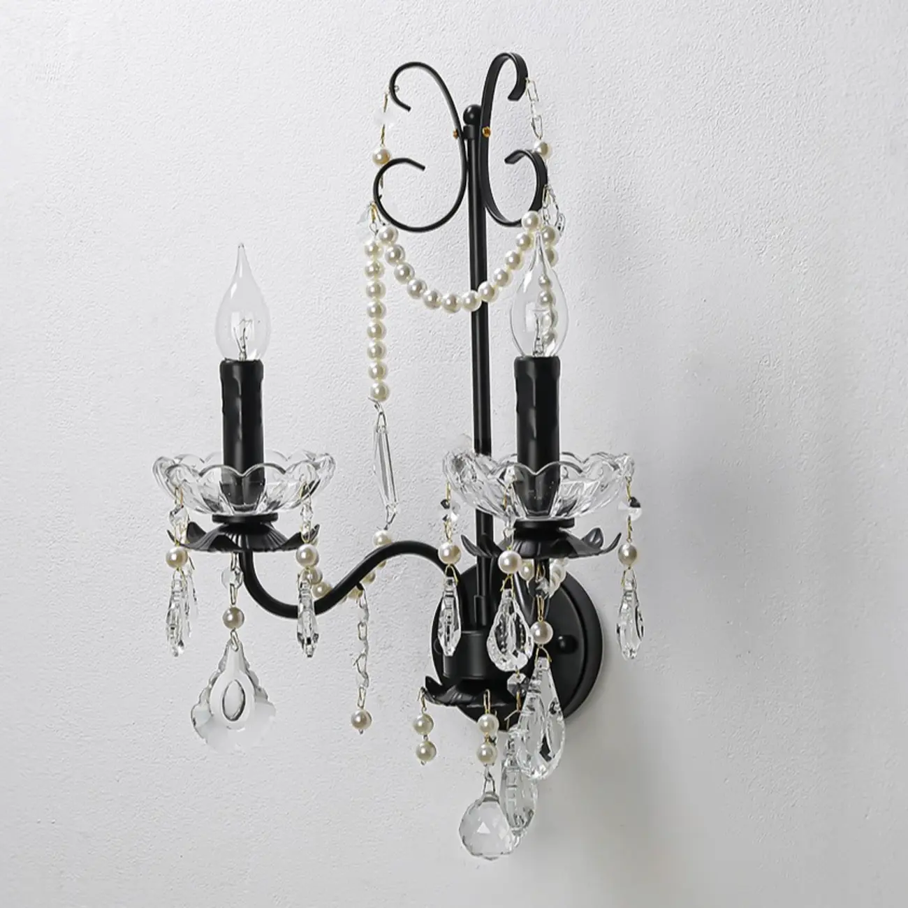 Black Modern 2-Light Candelabra Wall Sconce with Crystal