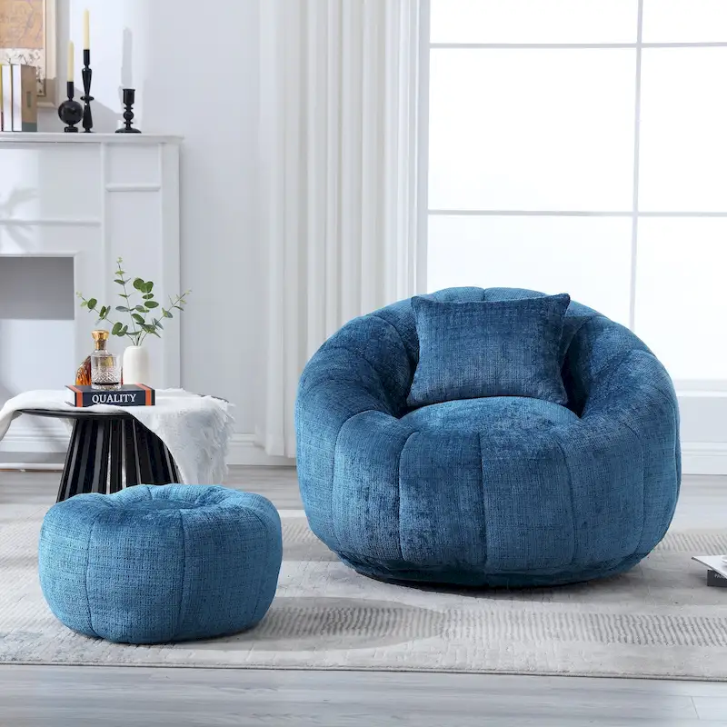 HOMEFUN Chenille Upholstered Round Lazy Cozy Bean Bag Chair with Ottoman and a Pillow