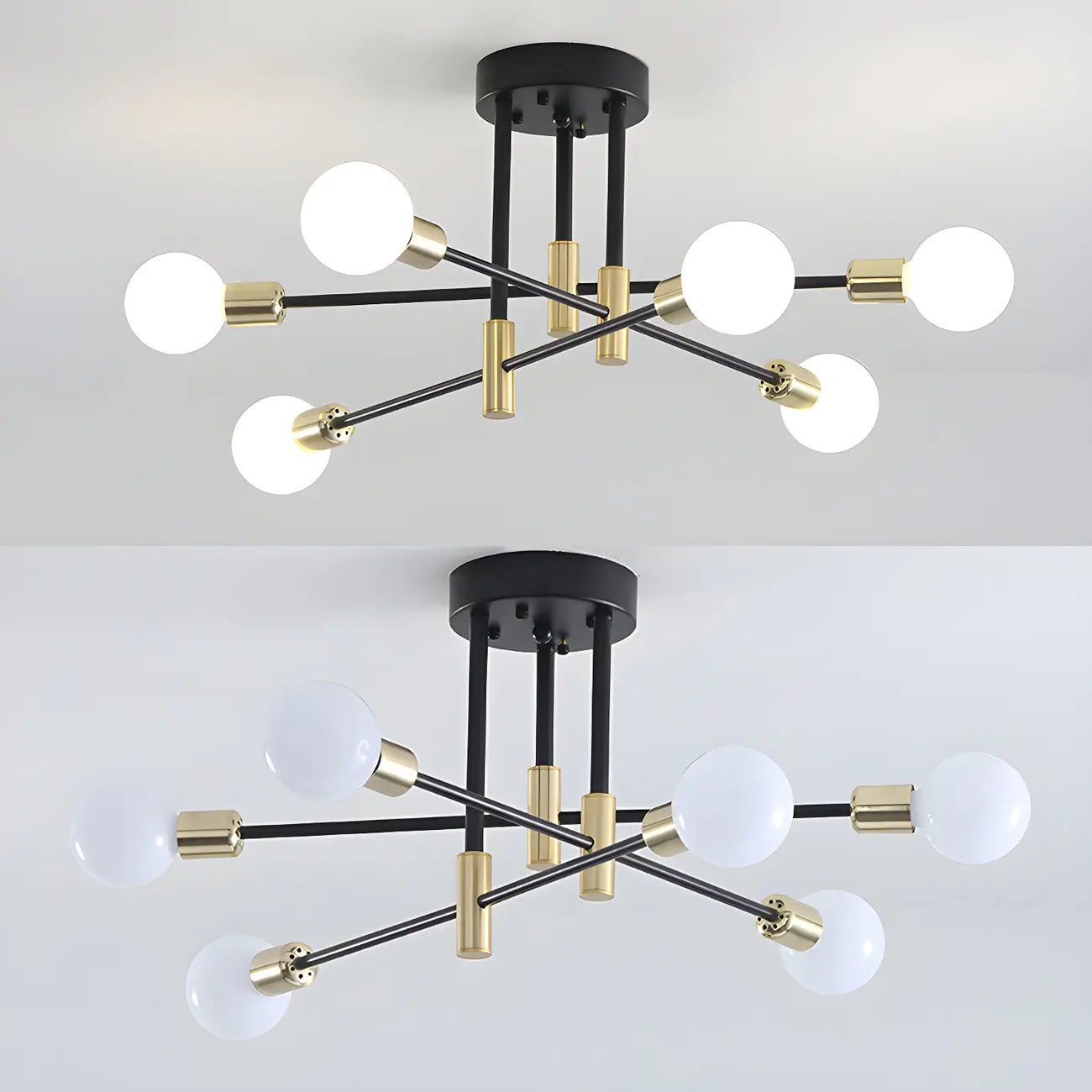 Modern Industrial Black Gold Sputnik Semi Flush Ceiling Light