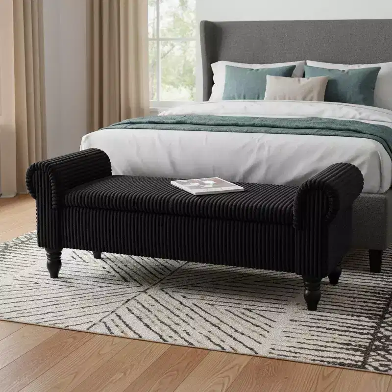 HomeRoots 55 Black Corduroy and Solid Wood Upholstered Storage Bench With Flip Top