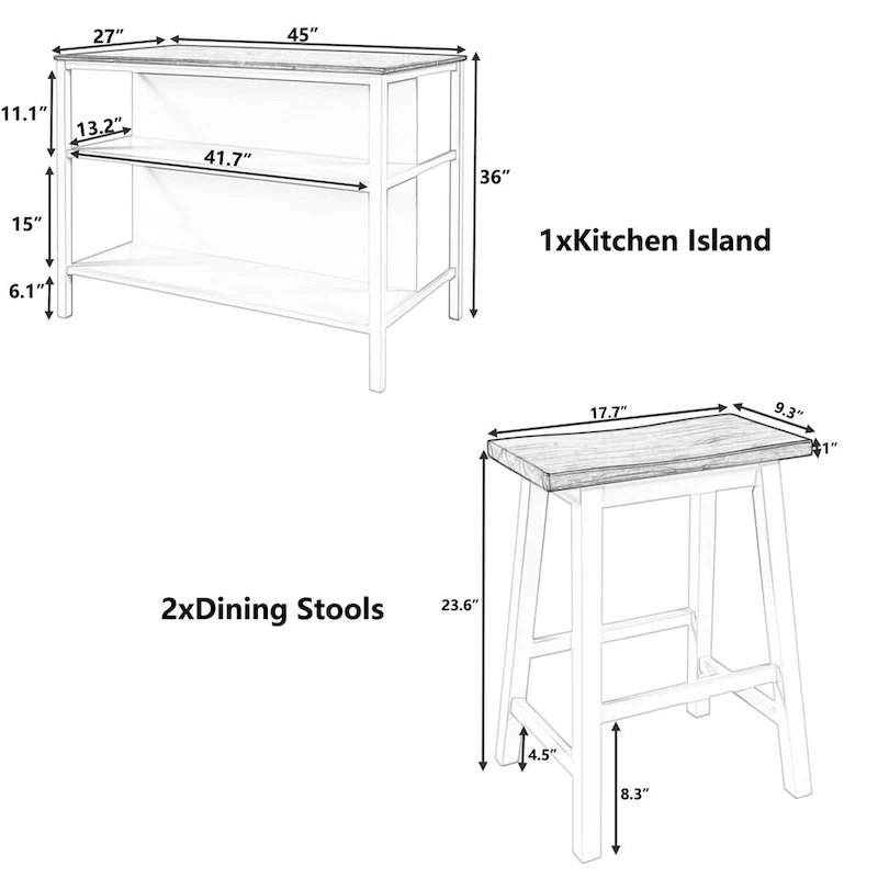 3-piece 45 Kitchen Island Set with 2 Seatings, Rubber Wood Butcher Block Dining Table Set Prep Table Set with 2 Open Shelves