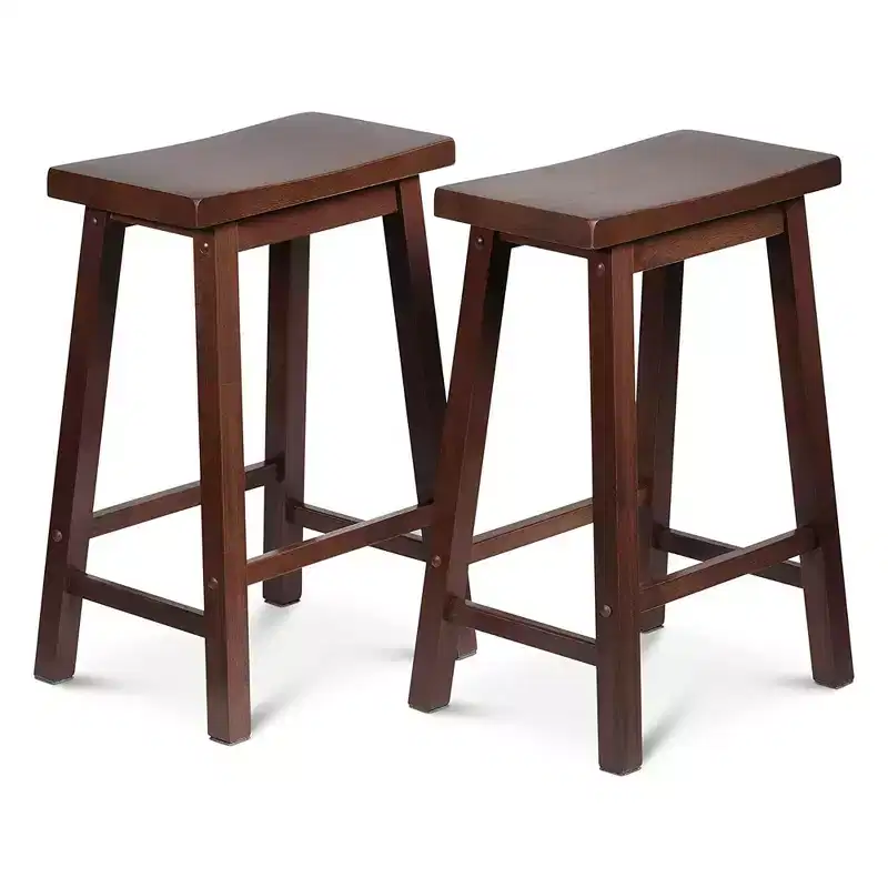 PJ Wood Classic Saddle-Seat 24 Tall Kitchen Counter Stools for Homes, Dining Spaces, and Bars w/ Backless Seats, 4 Square Legs, Walnut (Set of 6)