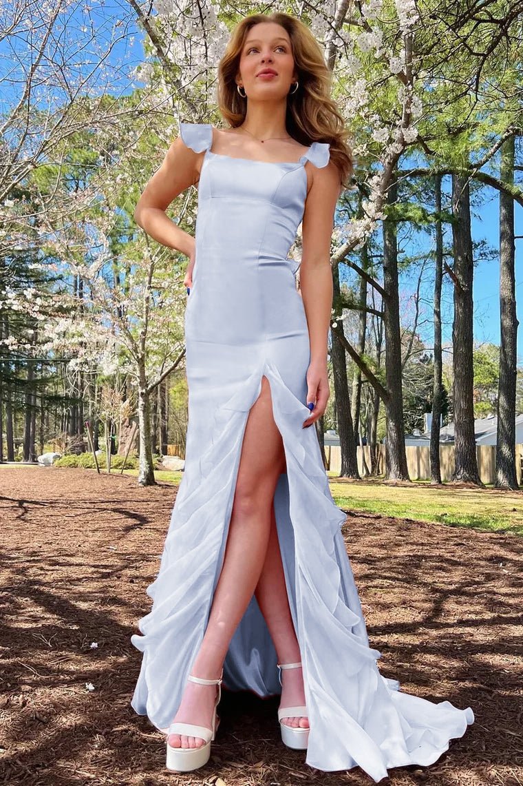 Emerald Green Square Neck Ruffle Slit Prom Dress