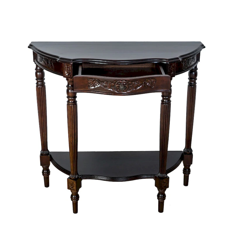 Half Crescent Moon Shape Engraved Wooden Console Table with 1 Drawer,Brown