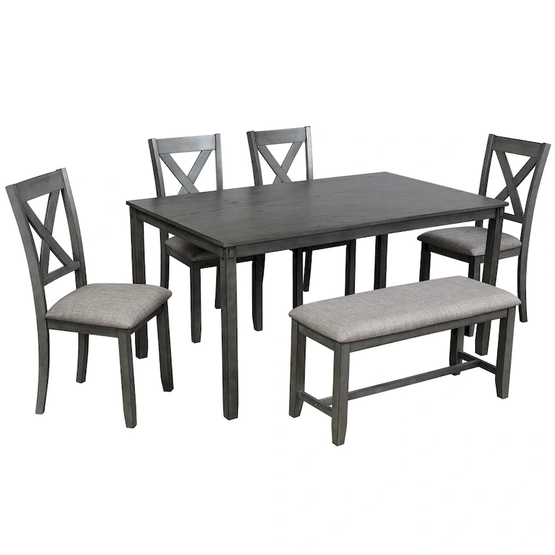 6-Piece Wooden Kitchen Dining Table Set with 4 Chairs and Bench