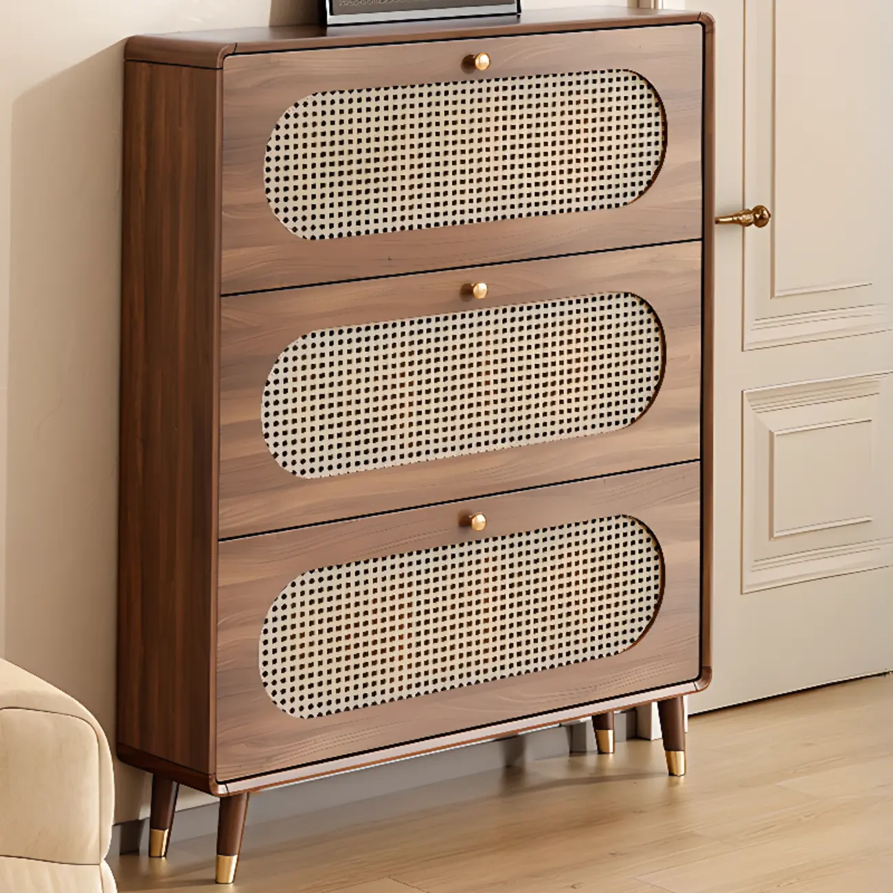 Bohemian Slim Brown Drop-Front Wood Shoe Cabinet