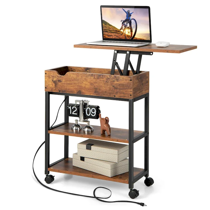 Brown Lift-Top End Table with Hidden Charging Station, Storage Shelves & Wheels – MDF Top