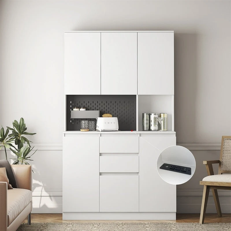 Kitchen Pantry Cabinet with Microwave Stand and 2 Drawers, Freestanding Buffet Cupboards Sideboard with Charging Station
