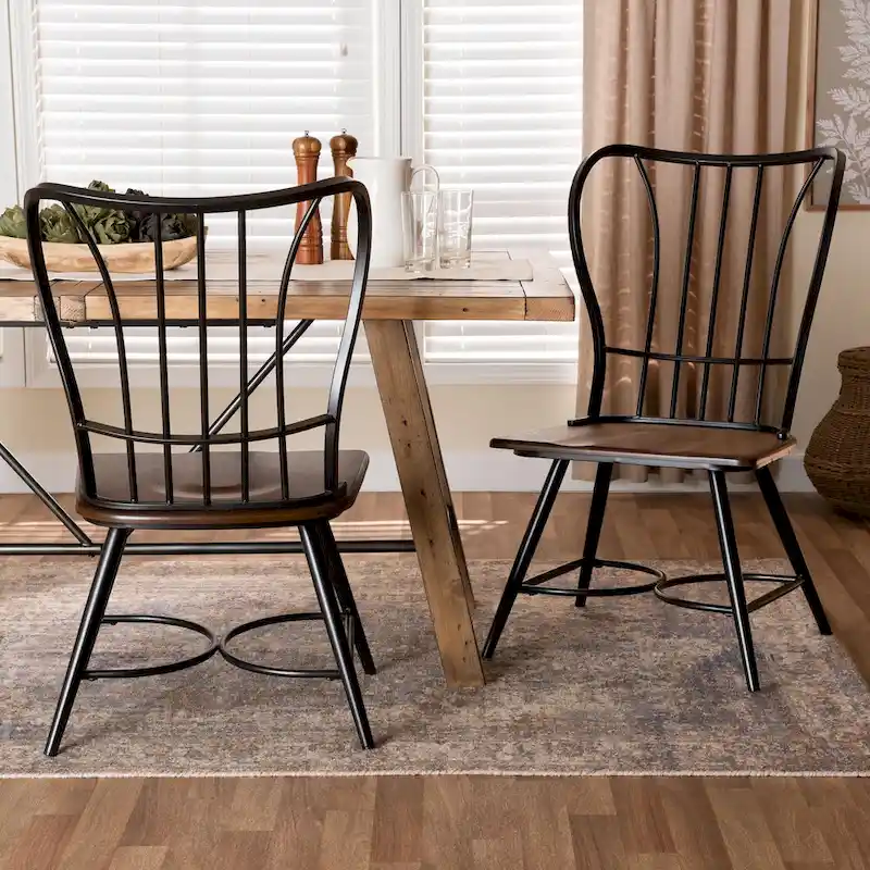 Black Metal and Dark Walnut Wood Dining Chairs