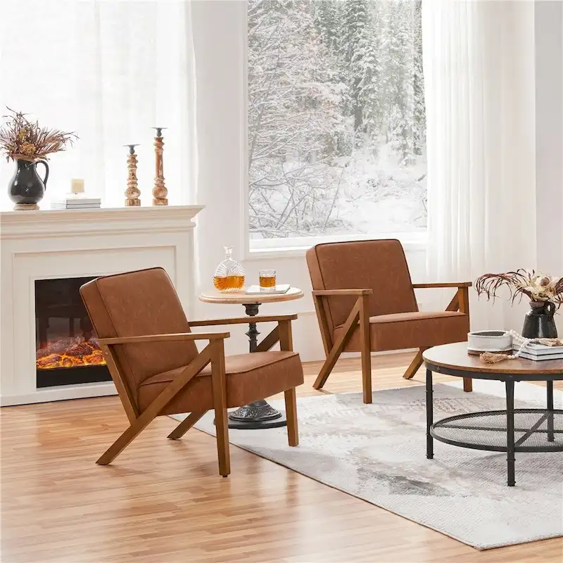 Mid-Century Modern Faux Leather Accent Chair with Solid Wood Legs