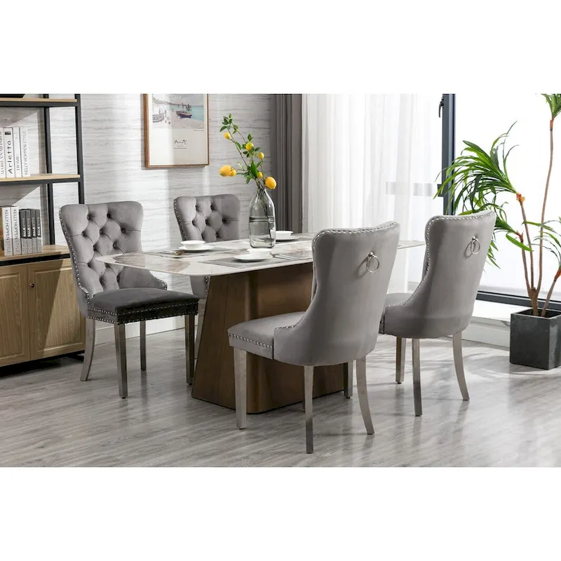 Velvet Dining Chair with Nailhead Trim and Chrome-Plated Stainless Steel Legs