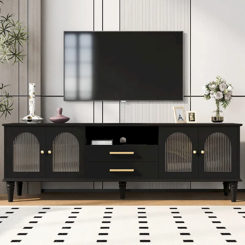 68.9 Retro TV Stand for TVs up to 75 Inches, Entertainment Center Media Console with Arched Style Fluted Glass Doors, 2Drawers