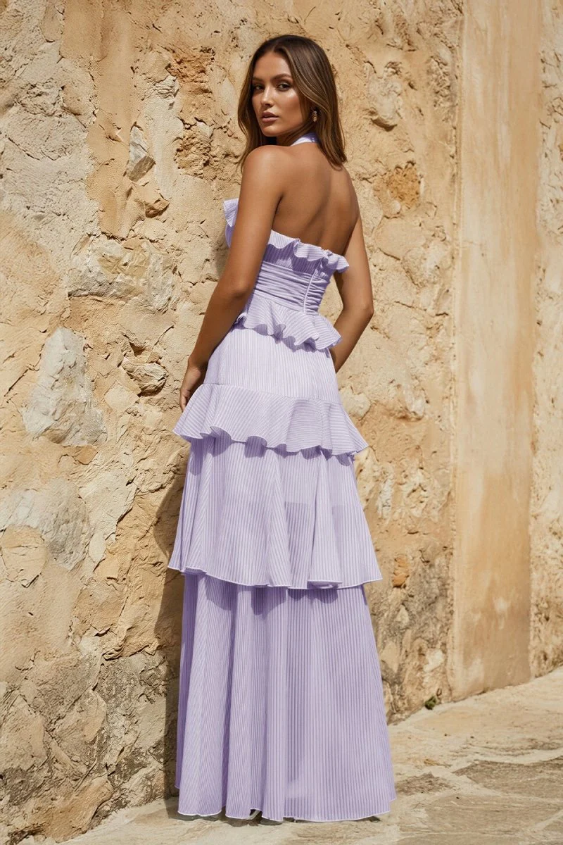 Sky Blue Halter Sheath Pleated Chiffon Long Prom Dresses With Ruffles