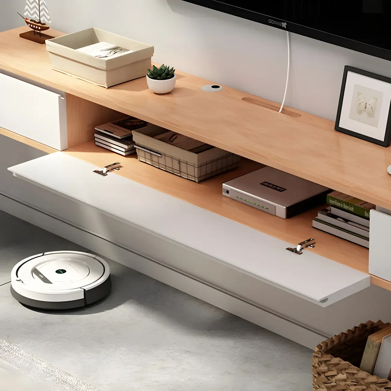 Scandinavian Wood Floating TV Stand with Cabinet