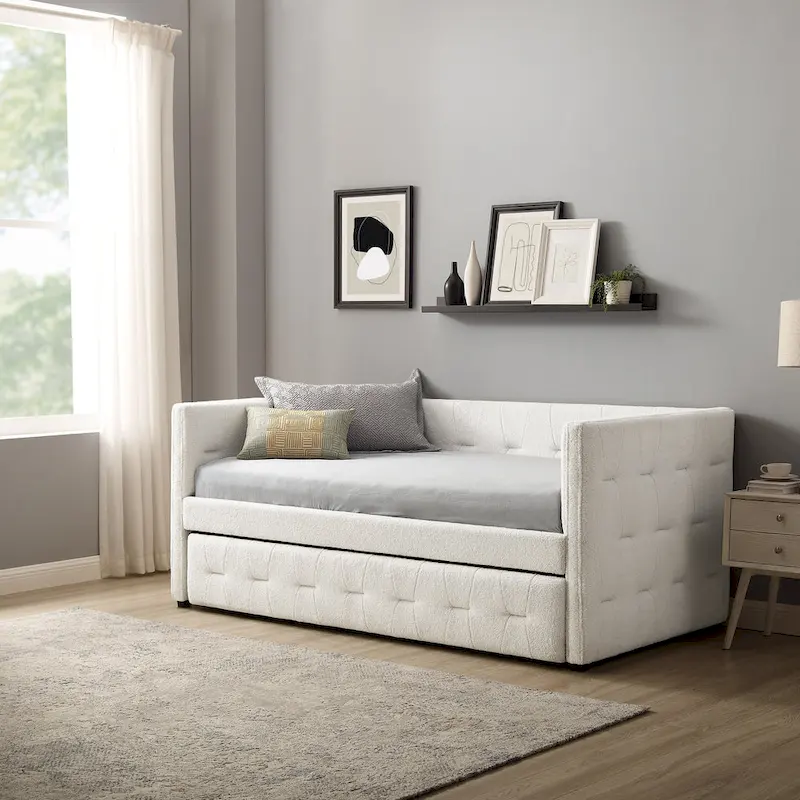 Camel / White / Grey Tufted Velvet Upholstered Daybed with Pull-Out Trundle, Sleeps 2