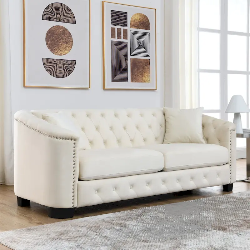 77-Inch Chesterfield Sofa, 3-Seater, Tufted Velvet, Nailhead Trim
