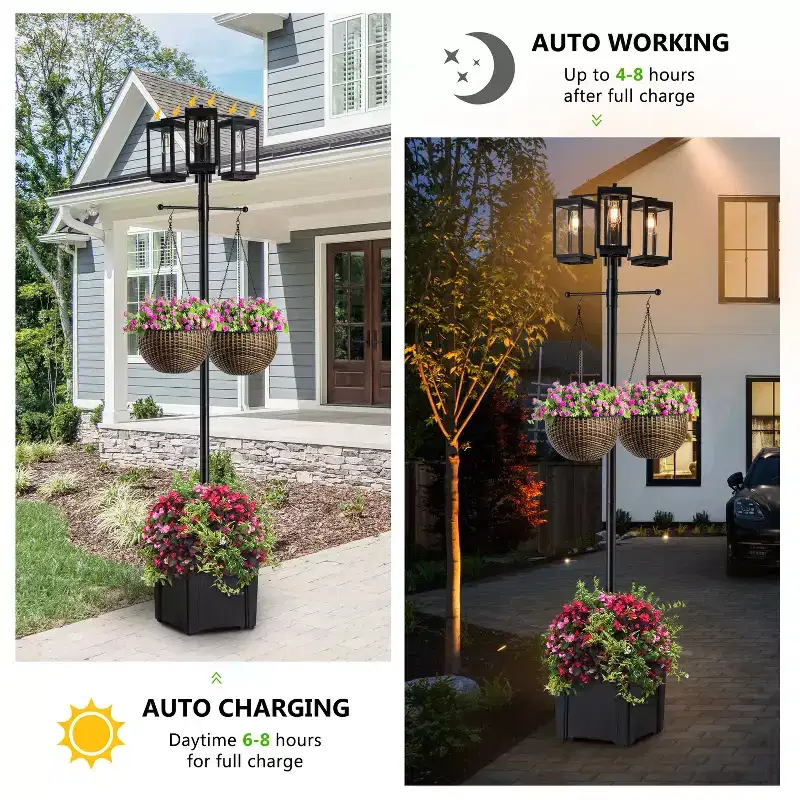 C Cattleya 3-Light 77.5in Black Complete Post Light with Planter and Clear Tempered Glass