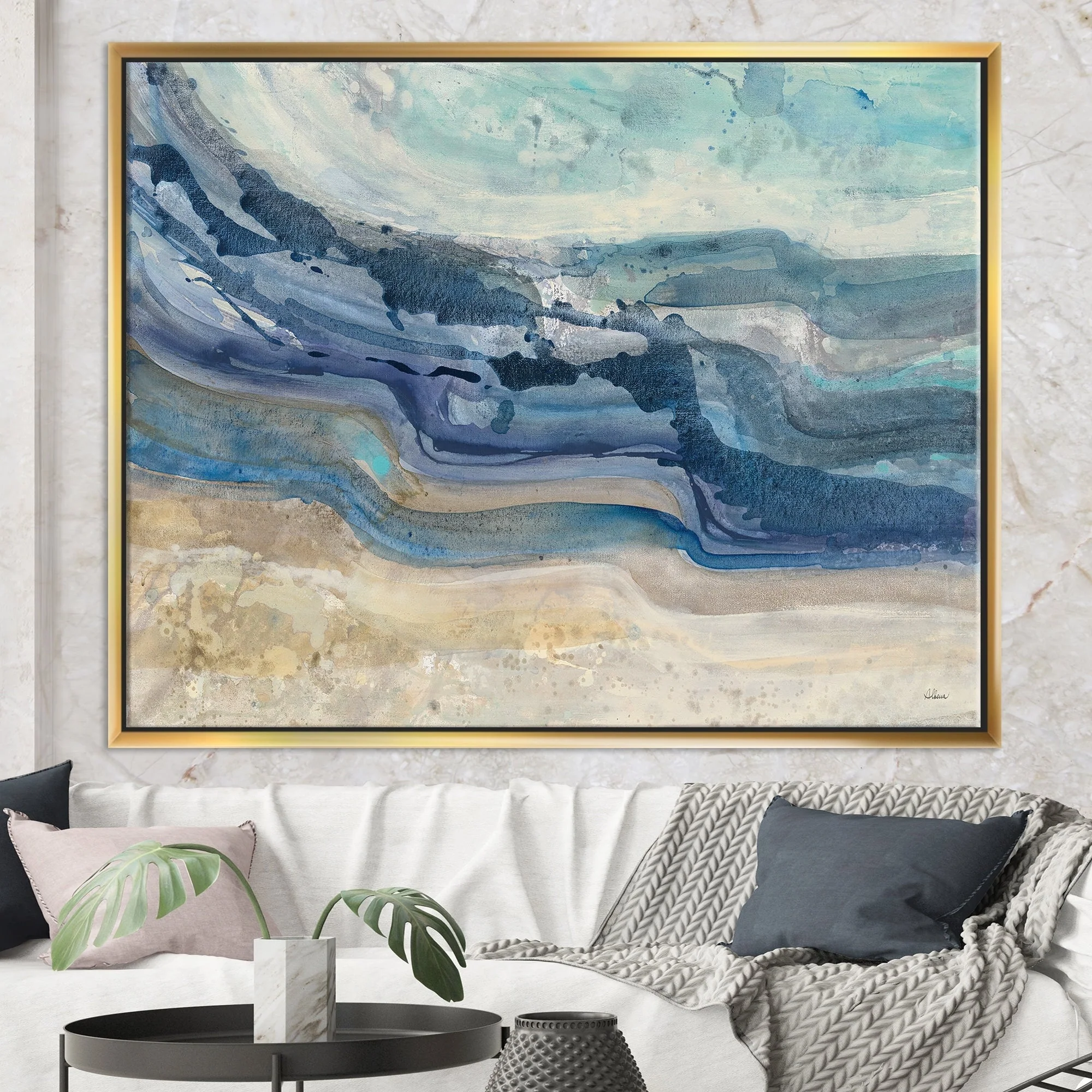 Designart Coast Blue Sea Waves Watercolour Modern Farmhouse Framed Canvas