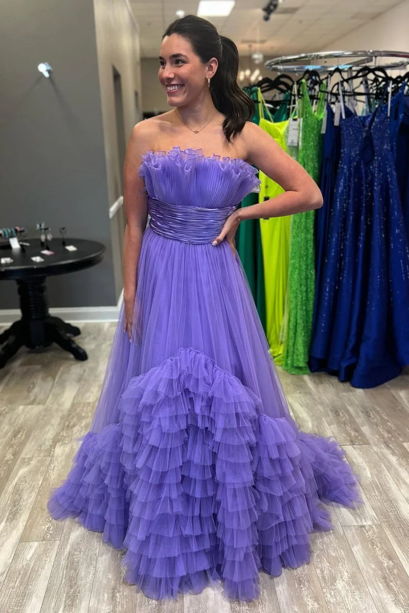 A-Line Strapless Pink Tiered Long Tulle Prom Dress