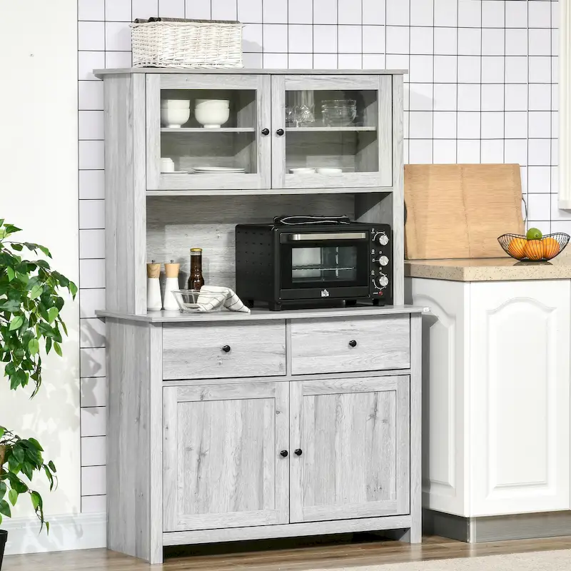 63.5 Kitchen Buffet with Hutch, Pantry Storage Cabinet with 4 Shelves, Drawers, Framed Glass Doors