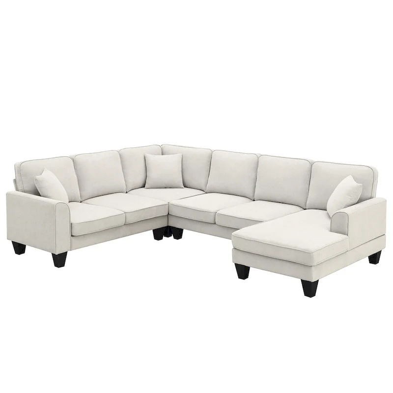 Modern U-Shaped 7-Seater Fabric Sectional Sofa Set with 3 Pillows, 108